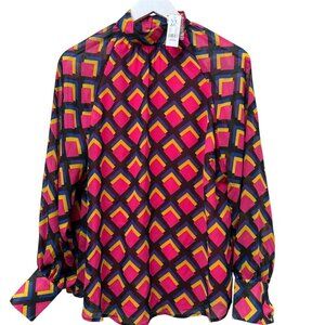 New York & Co. Blouse Size Medium Pink Modern Print Womens Top Long Sleeve NWT